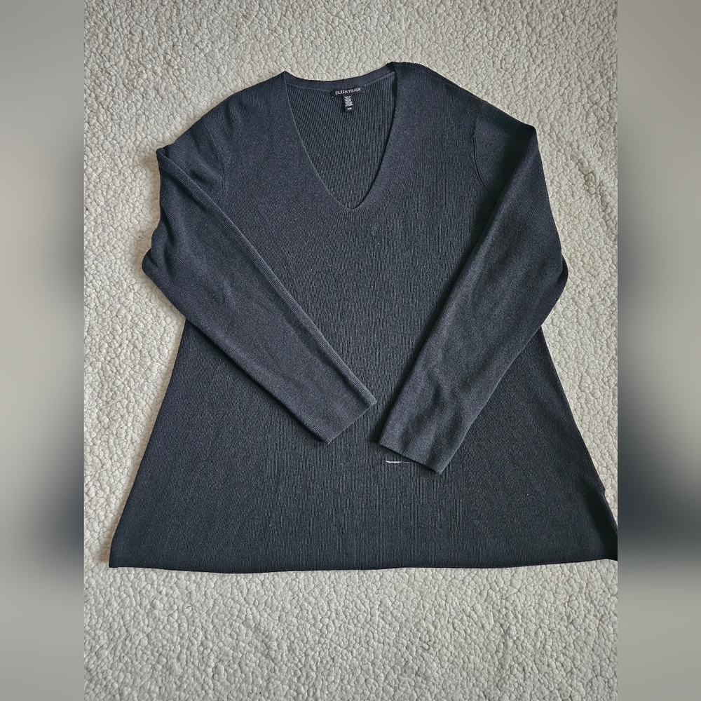 Eileen Fisher Black V-Neck Merino Wool Sweater Size M